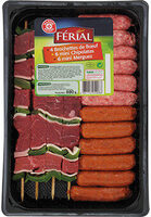 Assortiment : 4 brochettes de boeuf + 6 mini chipolatas + 6 mini merguez
