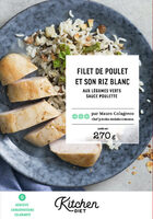 Filet de poulet et son riz blanc aux légumes verts sauce poulette