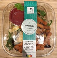 Salade de PdT, poulet, carottes rôties, sauce betterave