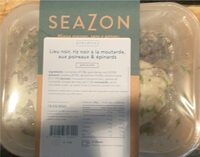 Lieu noir, riz noir à la moutarde, aux poireaux & épinards
