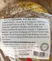Pain intégral T150 miche 500g tranché emballé