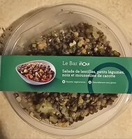 Salade de lentilles, petits légumes, noix et mousseline de carottes