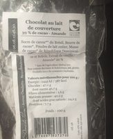 Chocolat au lait de couverture 39% Amandes