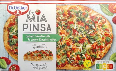 La Mia Pinsa Spinat, Tomaten-Mix & vegane Käsealternative  4001724043591  Vegane Teigsspezialität  belegt mit Spinat, Tomaten und geriebenem Pizzabelag  auf Kokosölbasis