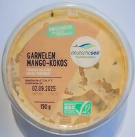 Deutsche See Garnelen Mango-Kokos 4009239630121 Salat mit Garnelen (35%), Mangowürfeln und Rucola in einem fruchtig-cremigen Dressing mit Kokos-Note