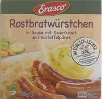 Rostbratwürstchen in Sauce mit Sauerkraut und Kartoffelpüree
