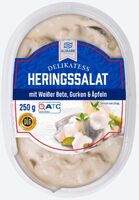 ALDI ALMARE Fisch Heringssalat   Mit Weißer Bete, Gurken und Äpfeln    Aus der Kühlung 1.29€ 250-g-Packung 1kg 5.16€