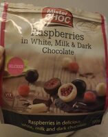 Raspberries in white, milk & dark chocolate