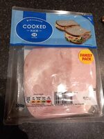 Cooked ham slices formed from cuts of cured pork leg