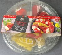 Antipasti-Teller Peperoni/Kirschpaprika/Rote Paprikaglocken mit Frischkäse gefüllt