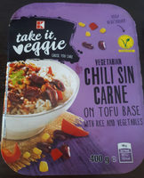 Vegetarian chili sin carne on tofu base with rice and vegetables