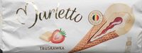 Lody o smaku waniliowym z nadzieniem truskawkowym, oblane białą belgijską czekoladą, w rożku waflowym