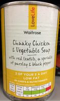 Chunky chicken and vegetable soup with red lentils, a sprinkle of parsley & black pepper