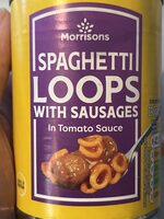 Spaghetti loops with sausages and tomato sauce