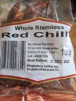 Whole stemless red chilli