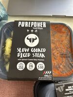 Slow Cooked Diced Steak with Spinach Coated Baby Potatoes