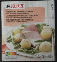 Jambon à l'os sauce moutarde, haricots verts et pommes de terre
