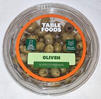 Grüne Oliven ohne Stein in Kräutermarinade