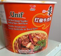 Unif bowl instant noodles artificial spicy beff flavor
