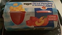 Diced peaches in strawberry gel