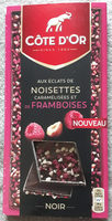 Chocolat noir aux éclats de noisettes caramélisées et de framboises