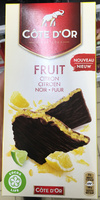 Chocolat noir fourrage confiseur (55%) aux pépites de citron (34%)