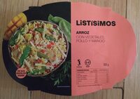 Arroz con vegetales, pollo y mango