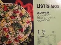 Vegetales con arroz y salsa de plantas aromáticas