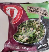 Revuelto de ajetes, trigueros y gambas