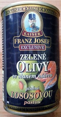 Zelené olivy ve slaném nálevu plněné lososovou pastou