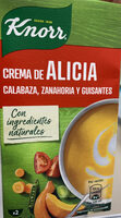 Crema de Alicia con calabaza, zanahoria y guisantes
