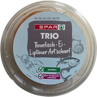 Trio Thunfisch, Ei und Liptauer Art scharf